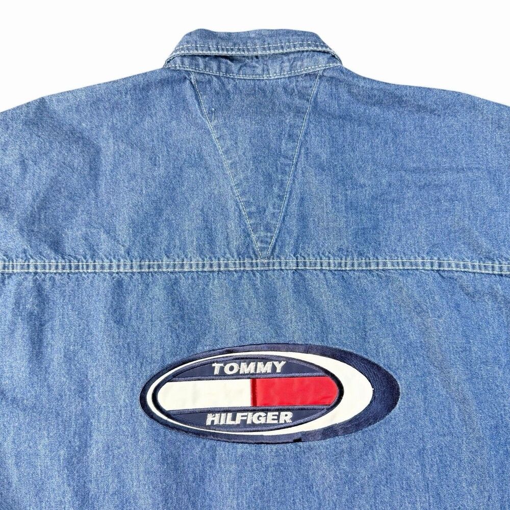 Vtg Tommy Hilfiger Denim Shirt Men’s Medium Short Sleeve Spell Out Back Hit Y2K